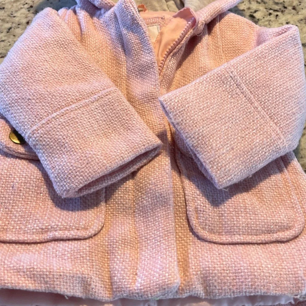 Baby Girls Carter's Pink Tweed Hooded Coat Jacket 12 Months Bear‎ Ears